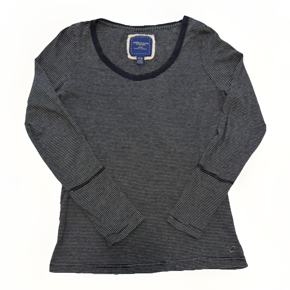 American Eagle Y2K Womens XL Black Striped Long Sleeve Top Scoop Neck VTG Preppy